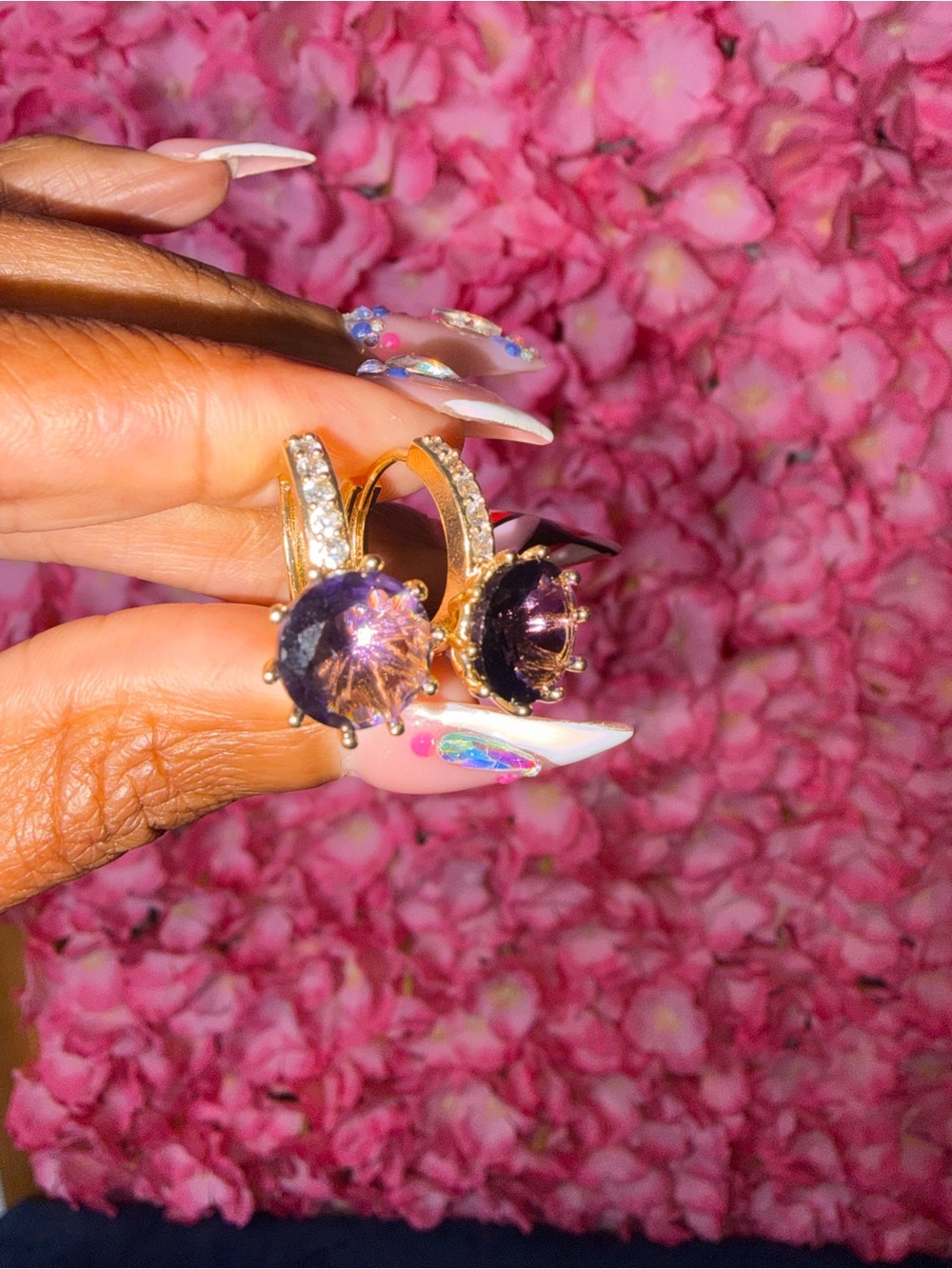 Gold Hoop Earrings with Purple Gemstone Accent